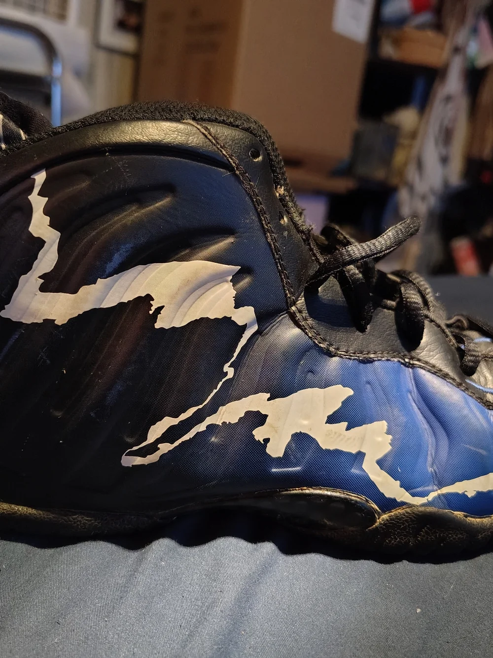 Blue & Black Foamposite Basketball Shoes with White Graphic
